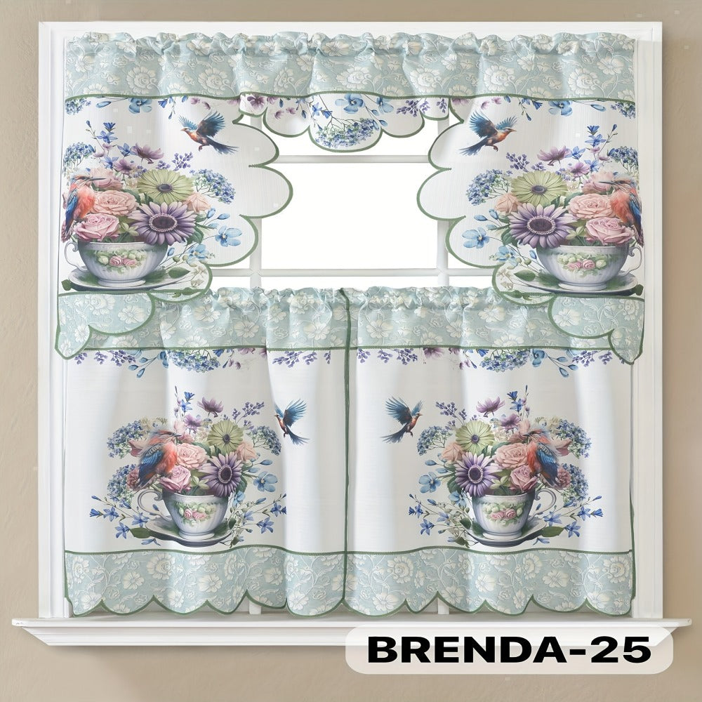 Kitchen Curtains 3 Piece Set Embroidered Satin Valance and Tiers - Rod Pocket Light Filtering Machine Washable 46 Colors Available All Season Home Decor