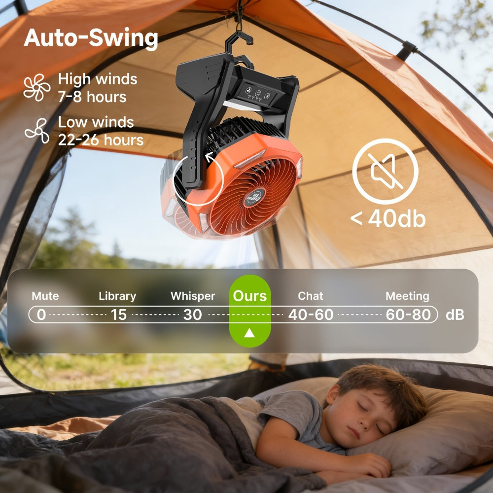 Camping Fan 20000mAh with LED Light and Brushless Motor, 4-Speed 180¡ã Oscillating Portable Outdoor Fan, 22-26H Long Runtime Anti-Slip Base, 3-in-1 Table Fan for Camping, Hiking, Picnic and Emergency