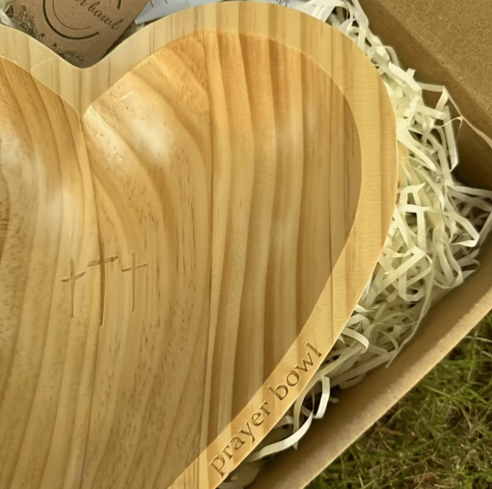 Wooden Prayer Bowl with 24 Prayer Cards ¨C Hand-Carved Heart Shaped Cross Engraved Vintage Religious Gift Set for Easter, Christmas, Thanksgiving, Home Altar & Prayer Room Tabletop Decor