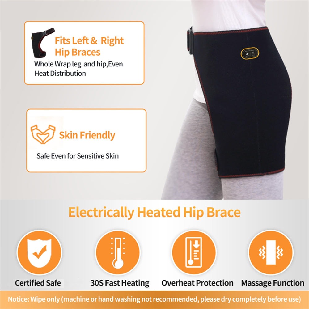Heated Hip Brace Massager USB Electric for Men & Women - 3 Vibration & 3 Heat Settings Hip Thigh Support Wrap with Heating Pad, Hamstring Pain Relief Brace, USB Rechargeable, Black