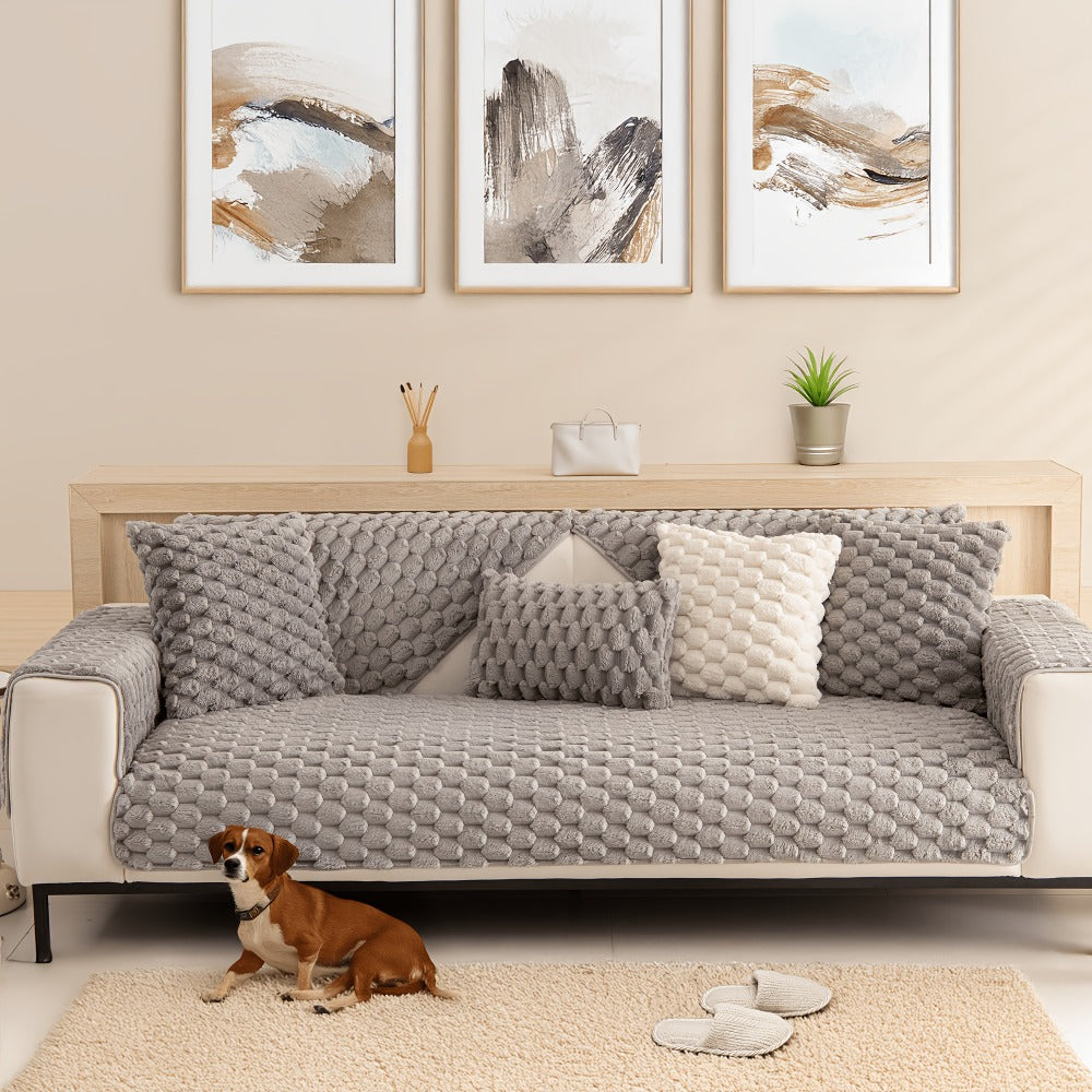 Non-Slip Sofa Cushion Cover Fuzzy Couch Pad Anti-Scratch Pet Friendly Machine Washable Fits 2 3 4 Seat Sectional Recliner 35.5 Inch Wide Beige Light Brown Grey