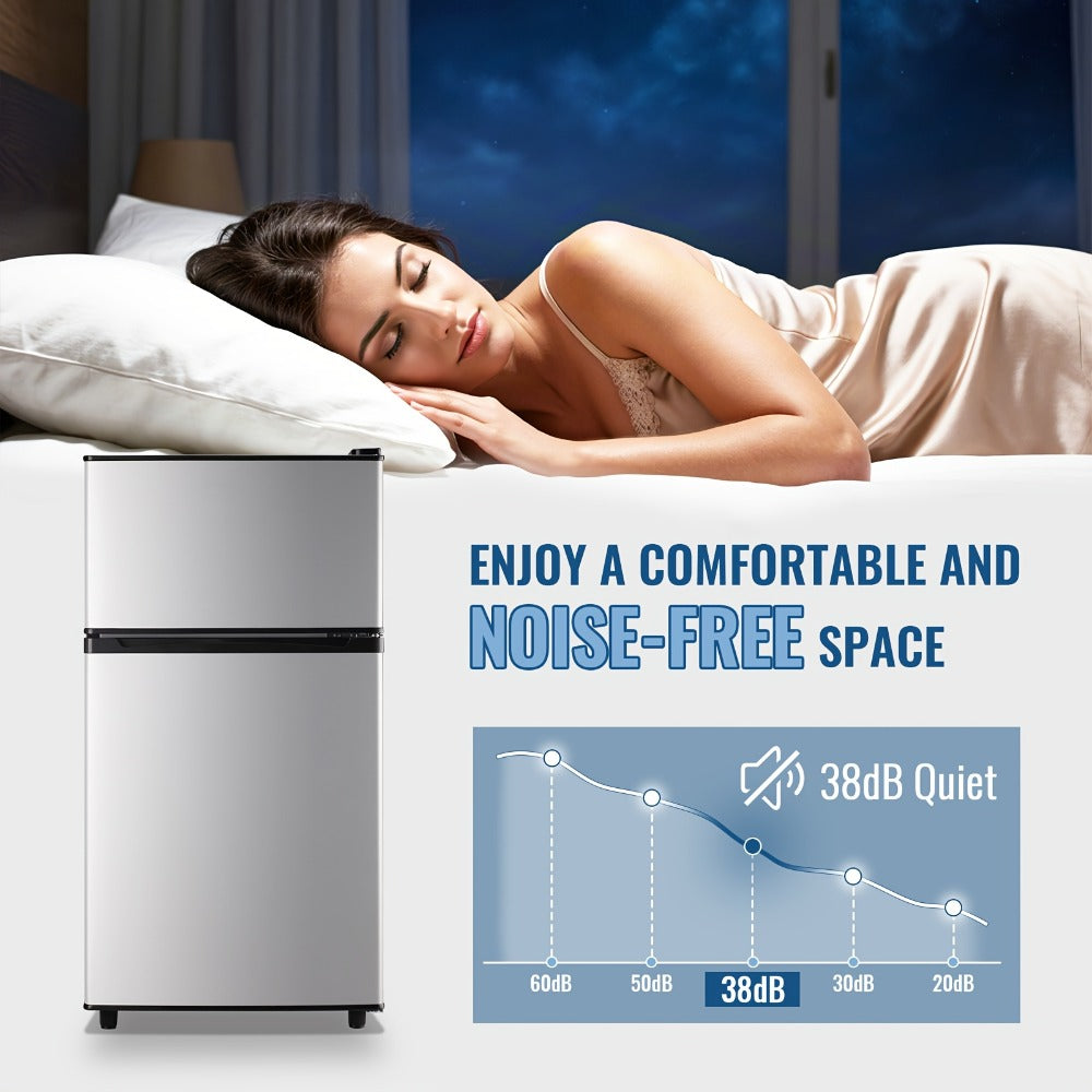 Small Fridge with Freezer, 2-Door Compact Refrigerator with 7-Level Adjustable Thermostat, Removable Shelves & Basket ¨C 2.5 or 3.5 Cu Ft Silver Mini Fridge for Dorm, Office, RV and Bedroom