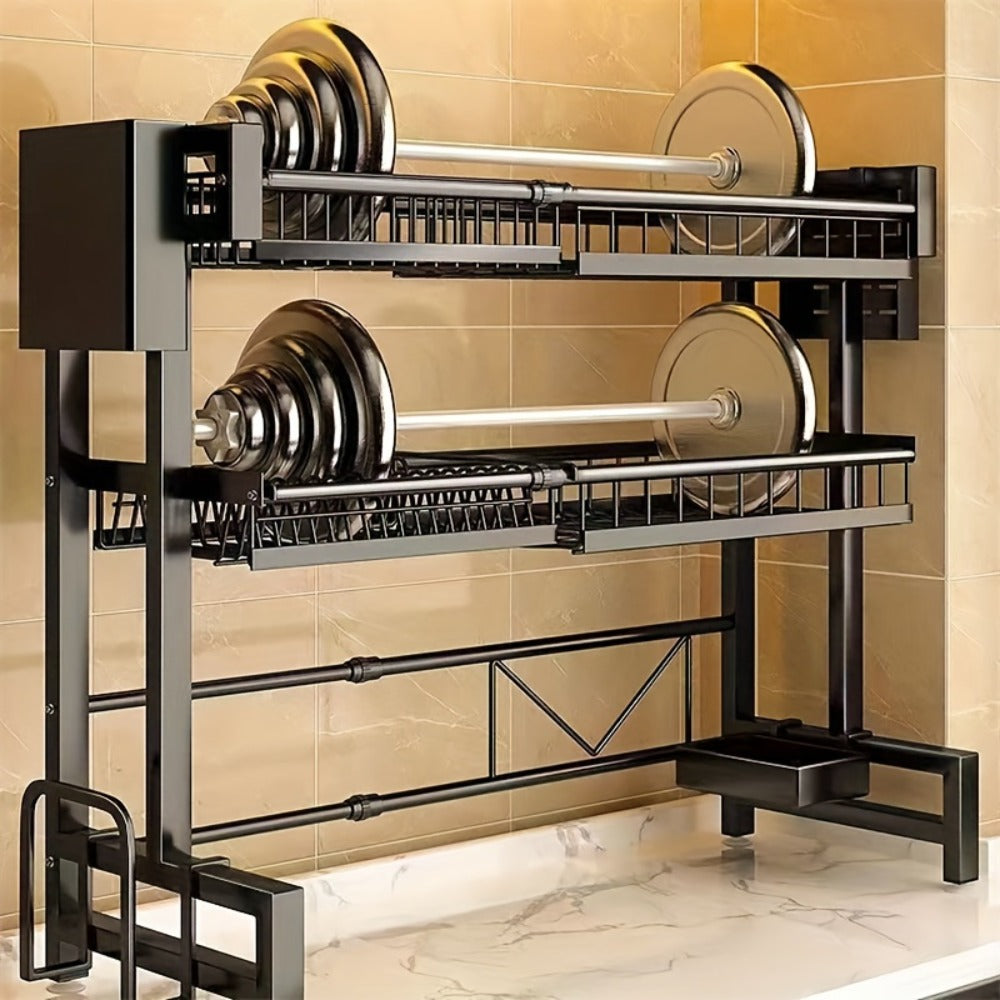 Dish Drying Rack Expandable Kitchen Sink Organizer - Countertop Dish Drainer with Drainage, Single or Double Layer Black Kitchen Storage Shelf for Plates, Cups & Utensils
