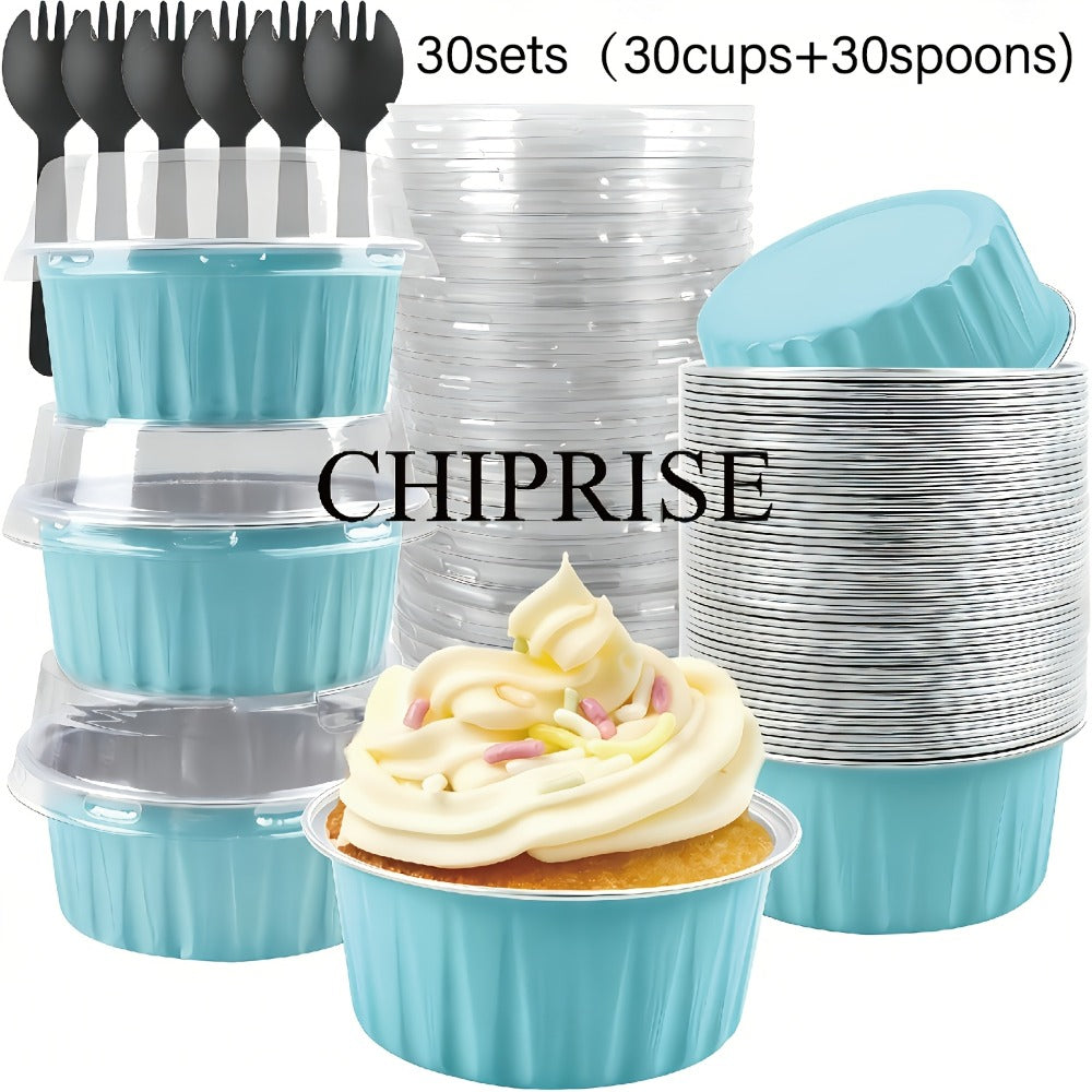 Aluminum Foil Baking Cups with Lids, Disposable Cupcake Molds with Spoons, Oven Safe Foil Dessert Cups for Pudding Muffins Mousse, Party Baking Supplies for Weddings Birthdays, 30 or 50 Sets