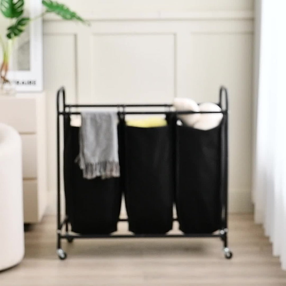 3-Bag Laundry Sorter Cart 63.4 Gallon ¨C Rolling Hamper with Lockable Wheels & Removable Bags, Heavy-Duty Fabric Laundry Basket for Bedroom & Laundry Room, Black Gray Beige Brown