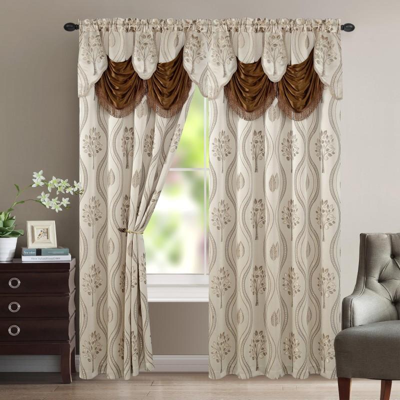 Blackout Curtains 2 Panels 54x84 Inch | Jacquard Room Darkening Rod Pocket Curtain Set with Attached Waterfall Valance | Machine Washable Window Drapes for Living Room Bedroom Home Office Study