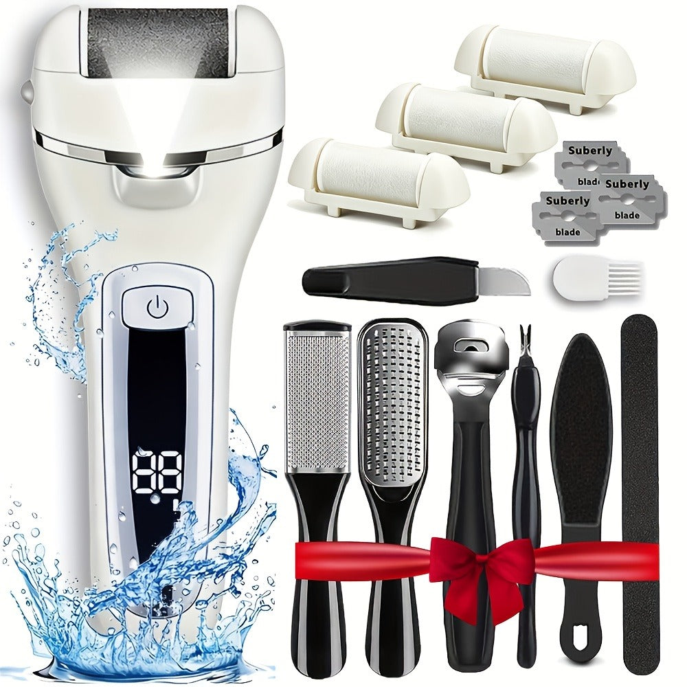 Electric Pedicure Foot File 10-in-1 Kit ¨C Rechargeable with Digital Display, 3 Roller Heads, Dead Skin & Hard Skin Remover for Men & Women