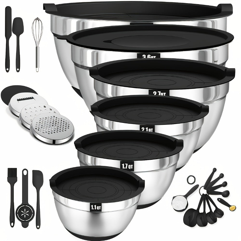 Stainless Steel Mixing Bowl Set 26pcs with 6 Bowls 20 Kitchen Tools Anti-Slip Bottom Multiple Sizes for Baking Cooking Meal Prep Storage