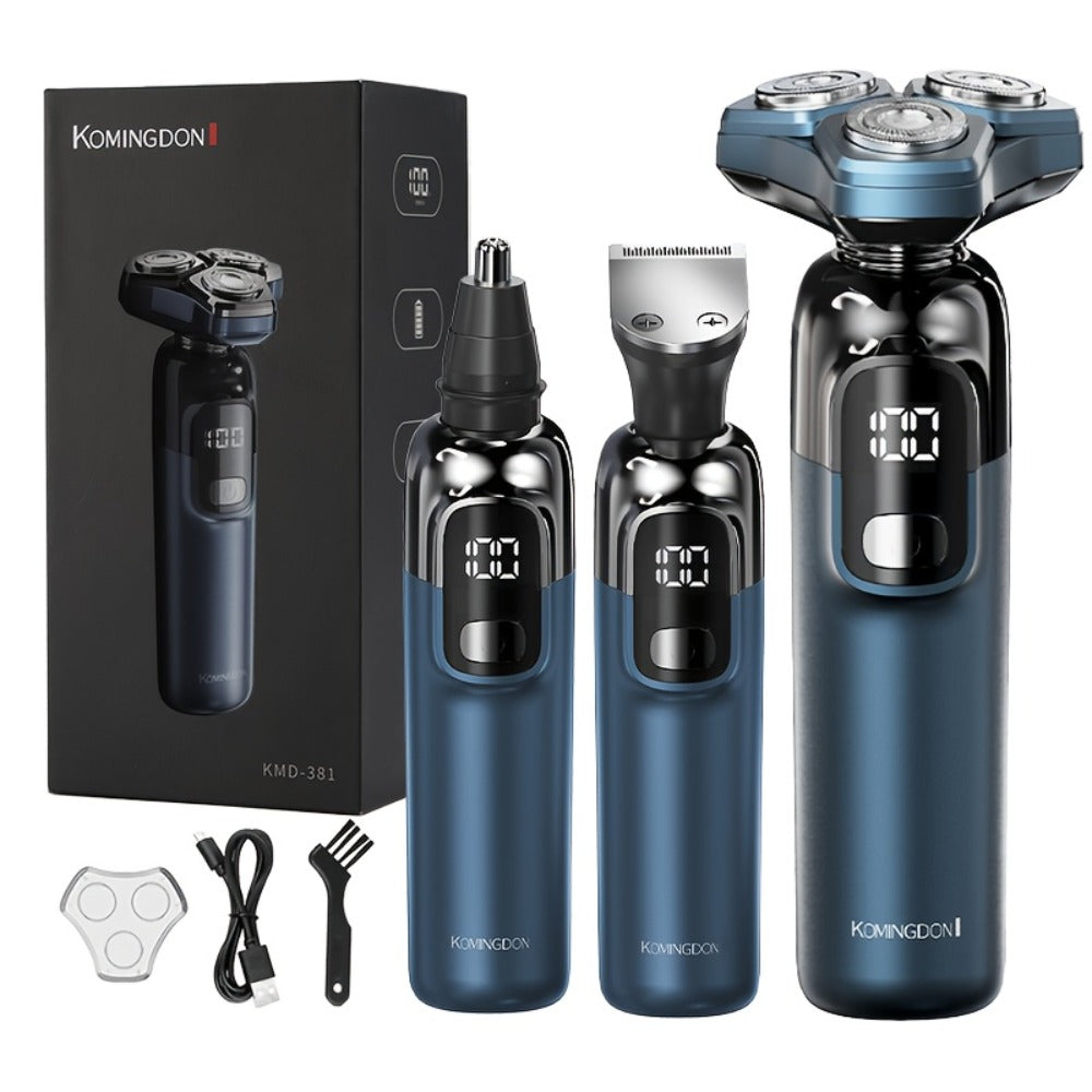 Rotary Shaver for Men 3-in-1 Cordless Rechargeable Electric Razor - Floating Head Wet Dry Shaver, 800mAh Lithium Battery, LED Display, Nose Hair & Sideburns Trimmer, Father's Day Gift