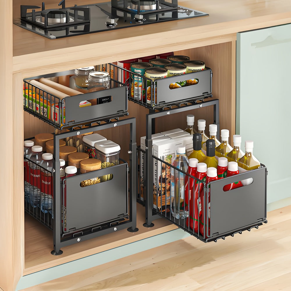 2-Tier Pull Out Cabinet Organizer No Drill Slide Out Shelf Kitchen Pantry Storage Roll Out Drawer Black
