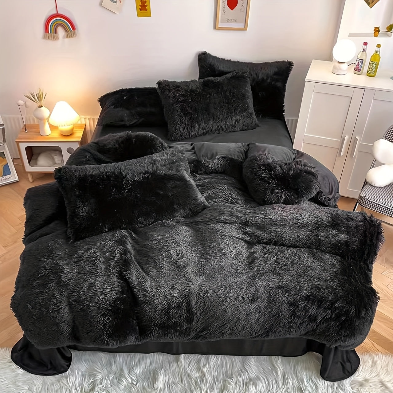 Faux Fur Duvet Cover Set Twin Queen King Super Soft Plush Comforter Cover with Pillowcases Heart Pillow for Kids Teens Machine Washable Bedroom Decor