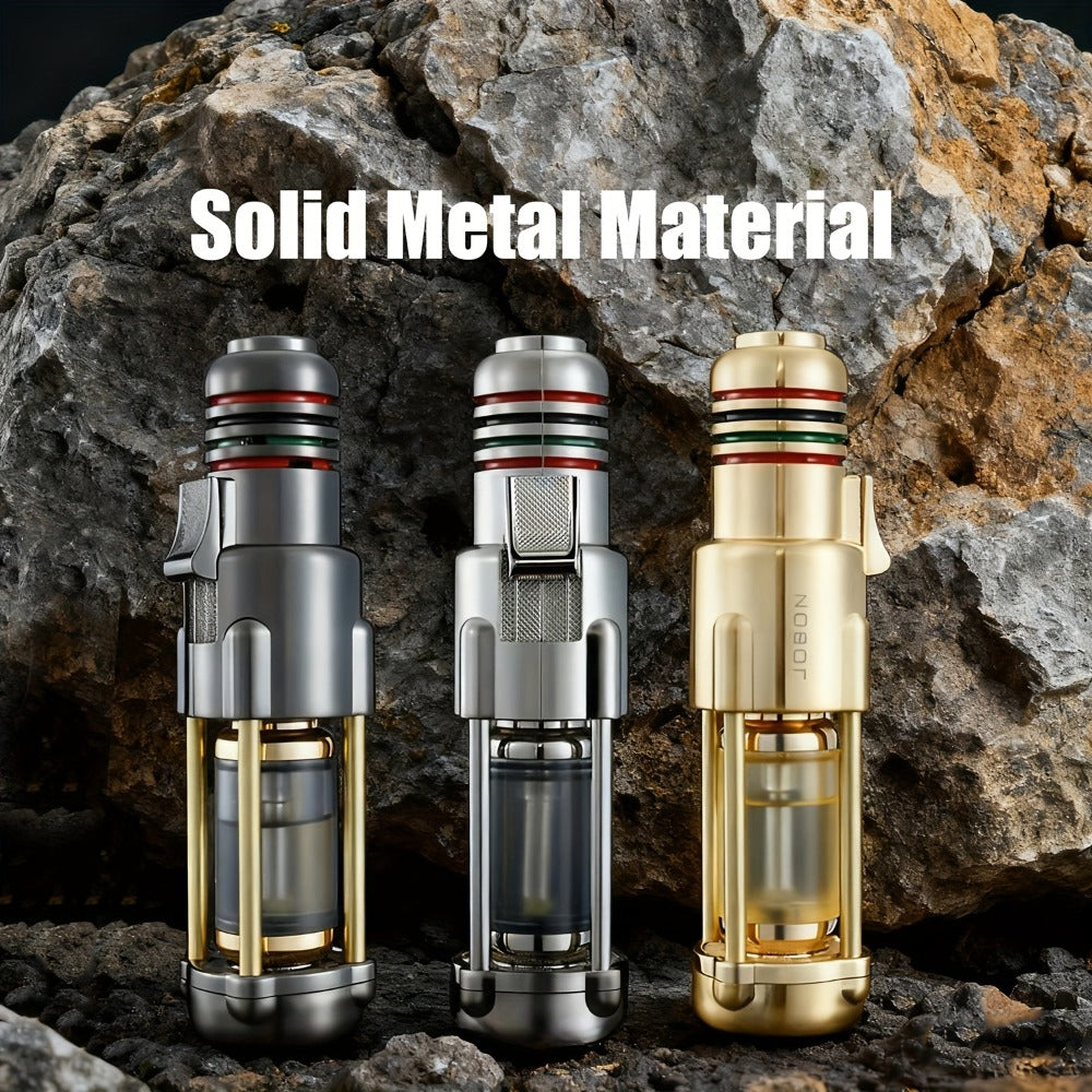 Butane Torch Lighter Windproof Jet Flame Zinc Alloy Refillable ¨C Visible Fuel Tank, Adjustable Blue Flame, Rocket Design for Camping, BBQ, Cigar & Outdoor Use, Grey & Golden (No Butane Included)