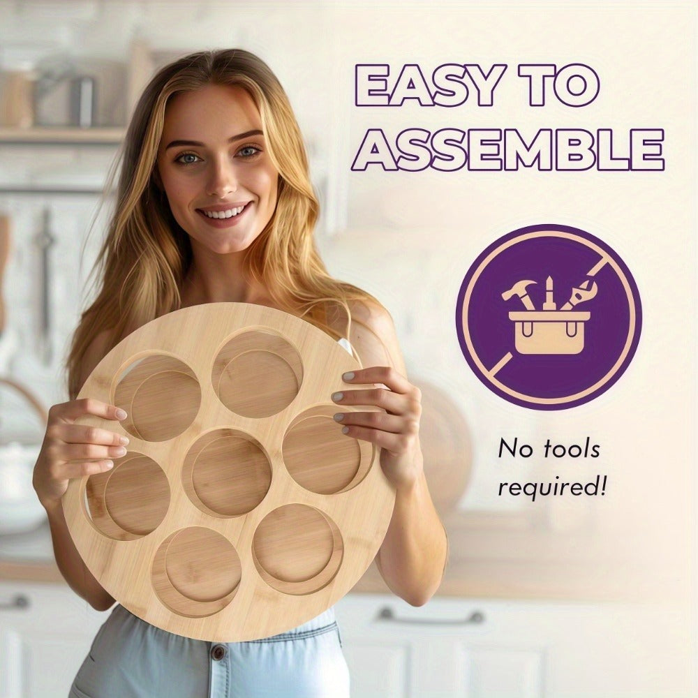 360 Rotating Bamboo Coffee Syrup Organizer 7-Bottle Holder Rack ¨C Countertop Spice Condiment Storage Stand for Kitchen Bar Home Office Desktop Easy Assembly Scratch-Proof Base
