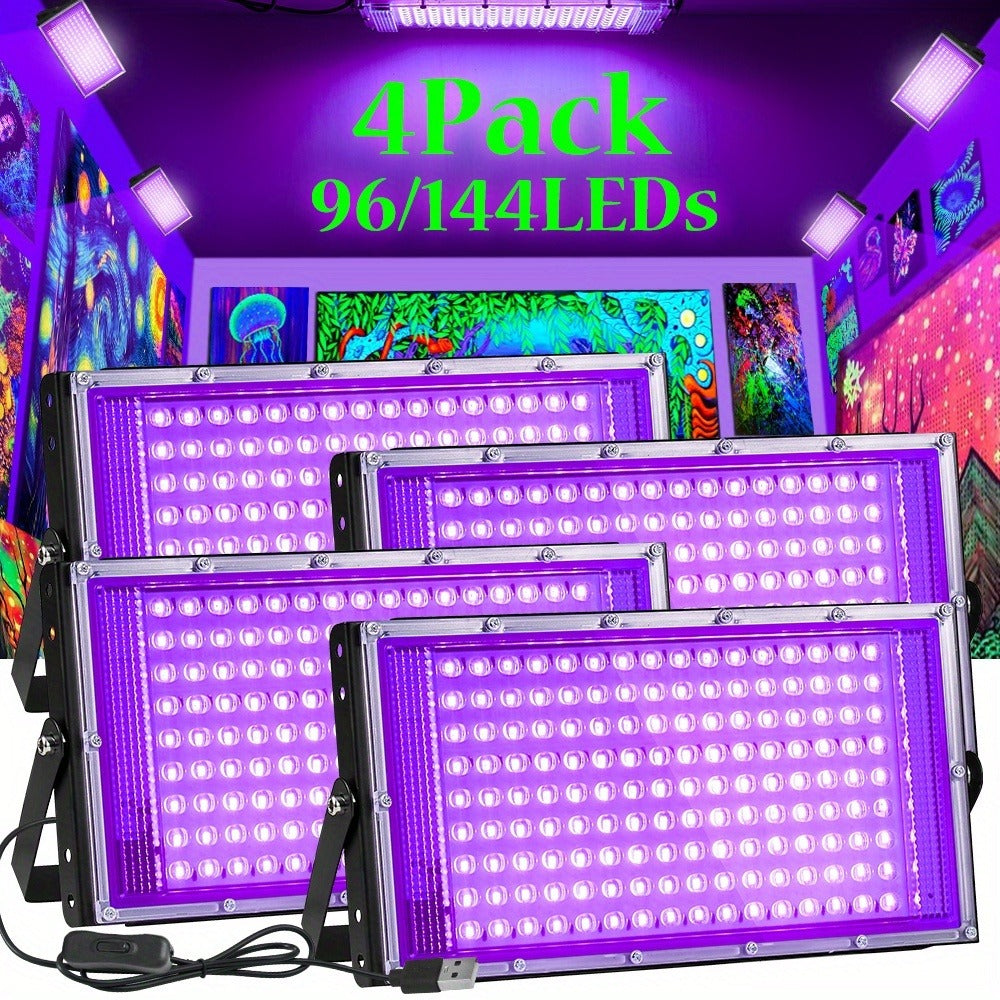 UV Black Light Flood Light 144 LED 385-400nm with USB Plug & Switch ¨C Glow in the Dark Effect for Halloween Party Stage Lighting Body Paint Neon Poster Blacklight, Durable Plastic, 4 Pack