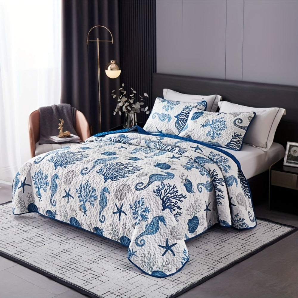 Duvet Cover Set 3 Piece Ocean Style Seahorse Coral Pattern Soft Breathable Microfiber Bedding Set with 2 Pillowcases Machine Washable All Season Comforter Cover for Bedroom Dorm Twin Full Queen King