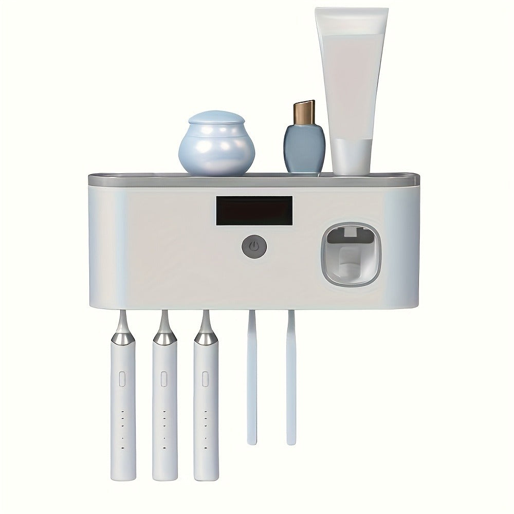 Toothbrush Holder Wall Mounted No Drill - 4-Slot Bathroom Toothbrush & Toothpaste Storage Rack, Modern Bathroom Organizer, Self-Adhesive Wall Mount, White Grey Bathroom Decor Accessories