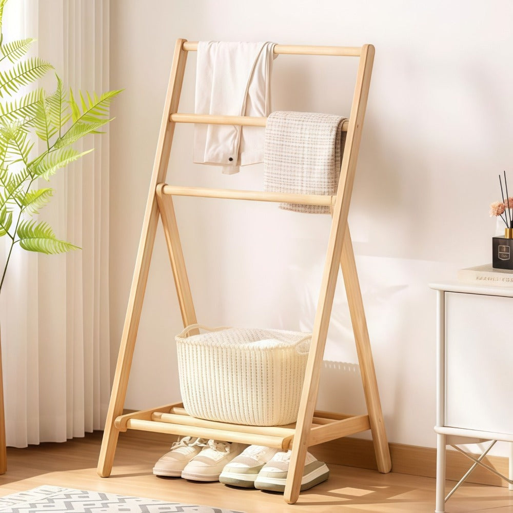 Bamboo Drying Rack 3 Tier Foldable with Storage Box - Space Saving Freestanding Clothes Hanger for Apartment, Bedroom, Bathroom & Balcony, Compact Laundry Rack for Small Spaces | Natural Burlywood