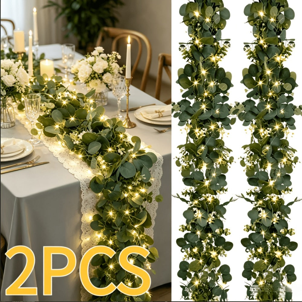 Lighted Eucalyptus Wreath Garland 6FT LED 2 Pack - Artificial Green Vine with Warm Lights for Wedding Centerpiece, Table Runner, Backdrop, Home & Seasonal Decor
