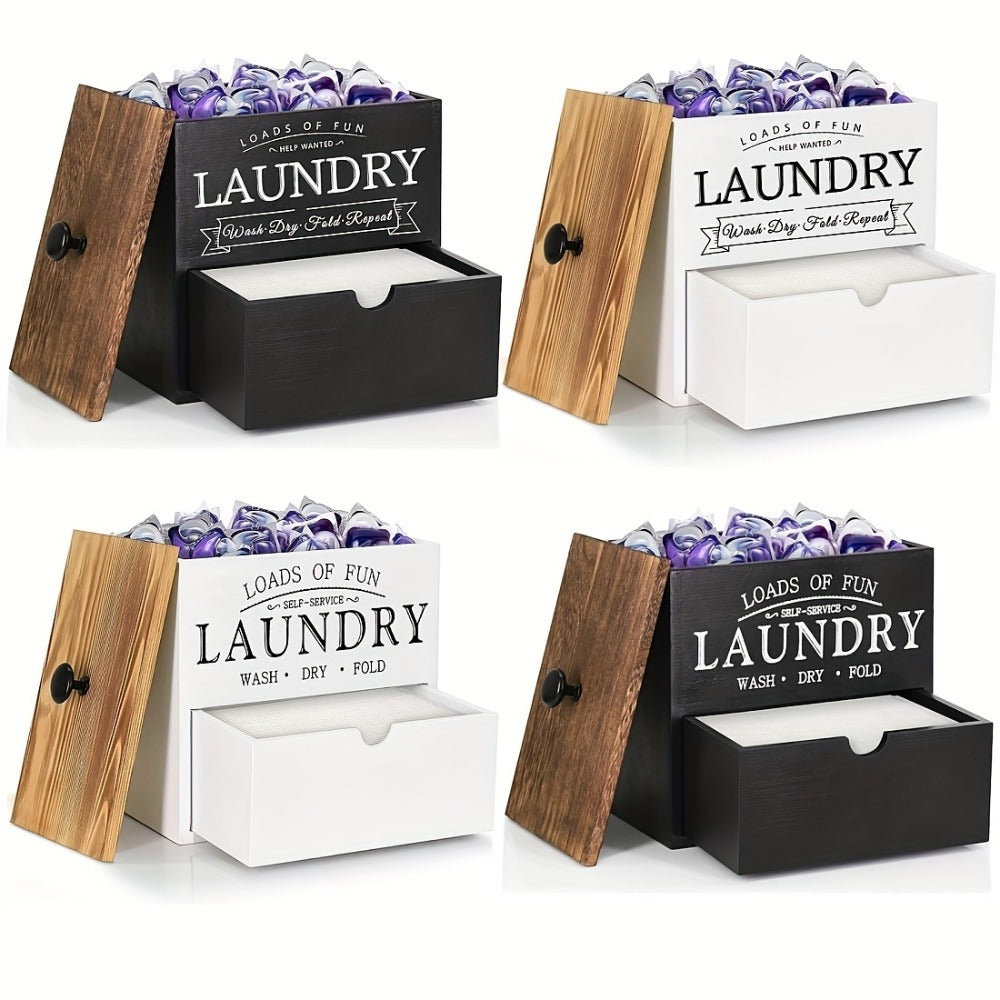 Dryer Sheet Holder with Drawer & Lid | Farmhouse Wood Laundry Pod Dispenser | Wall Mount or Countertop Organizer for Laundry Room Storage, Black & White