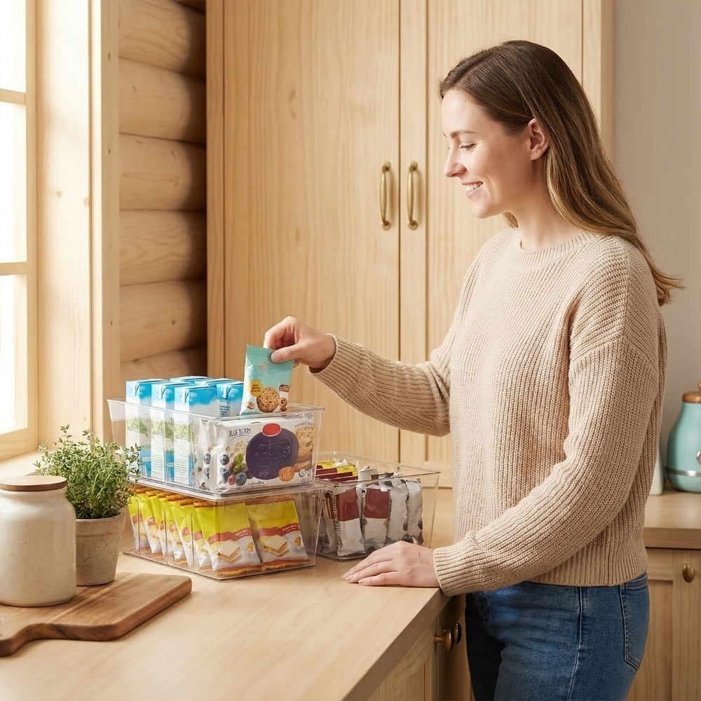 Pantry Organizer Bins 8 Pack Clear Plastic Food Storage Bins with Removable Dividers 4 Compartments for Kitchen Cabinet, Fridge & Countertop ¨C Snack, Spice & Packet Organizer