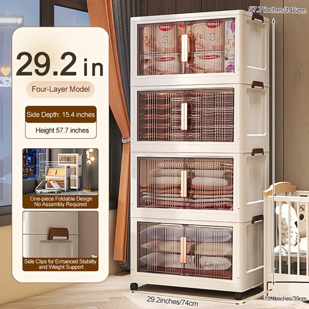 Folding Storage Cabinet with Wheels, 3/4/5-Tier Stackable Plastic Storage Bins with Lids & Magnetic Doors, Foldable Large Organizer with 360¡ã Lockable Wheels for Home Office Kitchen Bathroom Garage