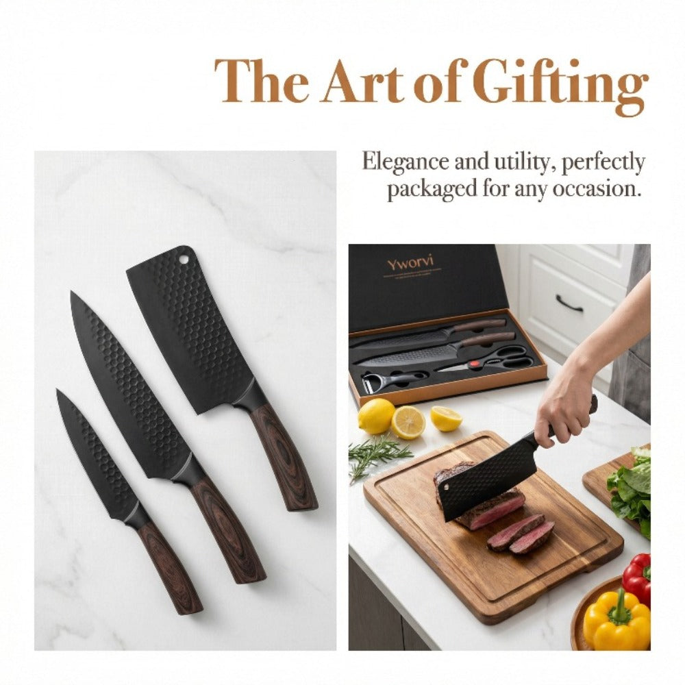Chef Knife Set 7 Piece High Carbon Stainless Steel Ultra Sharp ¨C Anti-Stick Ergonomic PP Handle, Includes Slicing Knife, Scraper, Scissors & Whetstone, Gift Box for Home, Family & Travel