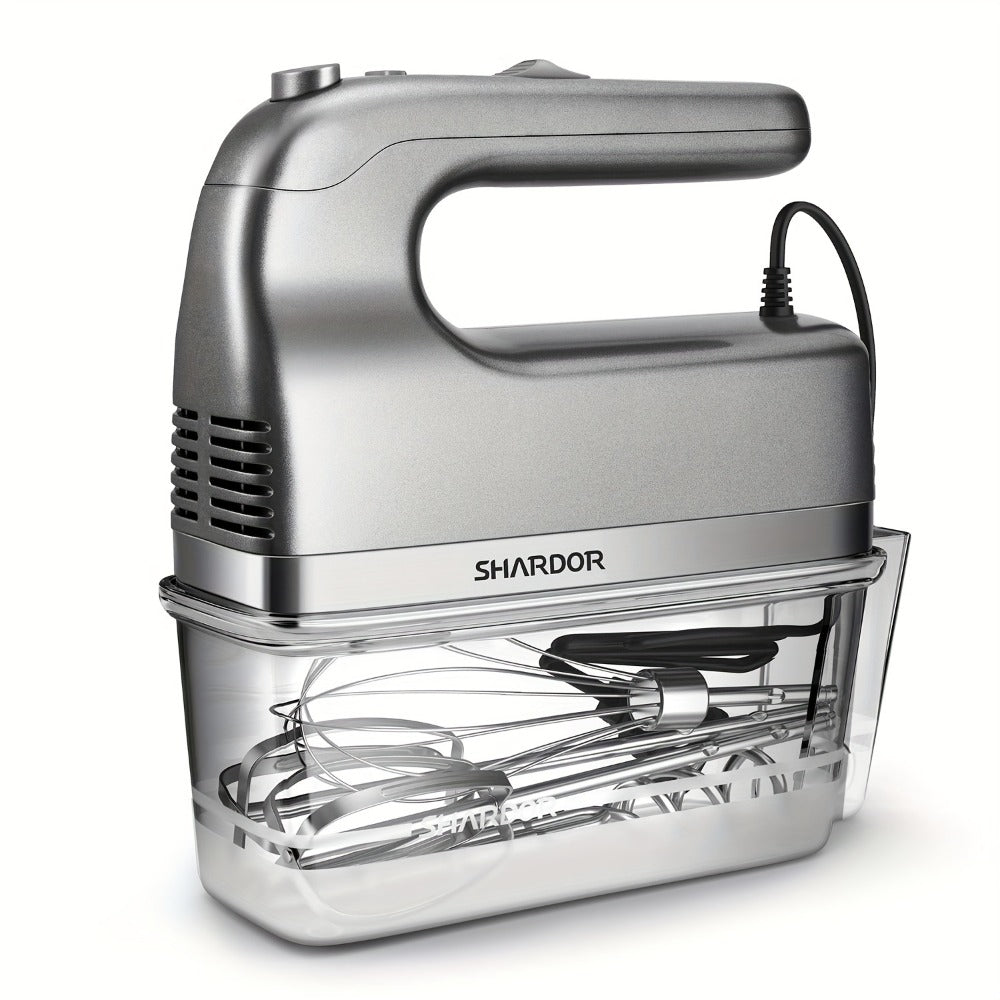 Electric Hand Mixer 250W with Storage Case ¨C 5-Speed Plus Turbo Handheld Mixer with 5 Stainless Steel Attachments (2 Beaters, 2 Dough Hooks & 1 Whisk) ¨C Kitchen Baking Mixer in Blue, Black, White & Silver