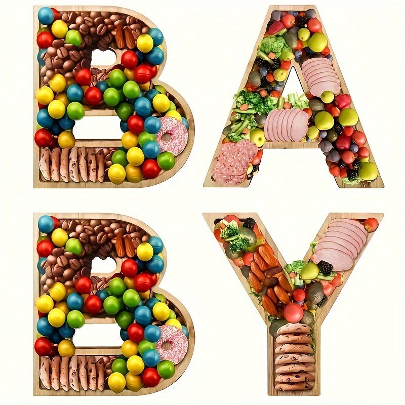 Baby Shower Charcuterie Board Set ¨C 4-Piece BABY Letter Shaped Wooden Serving Tray, Bamboo Snack Platter for Gender Reveal, Birthday Party, Cake & Cookie Display