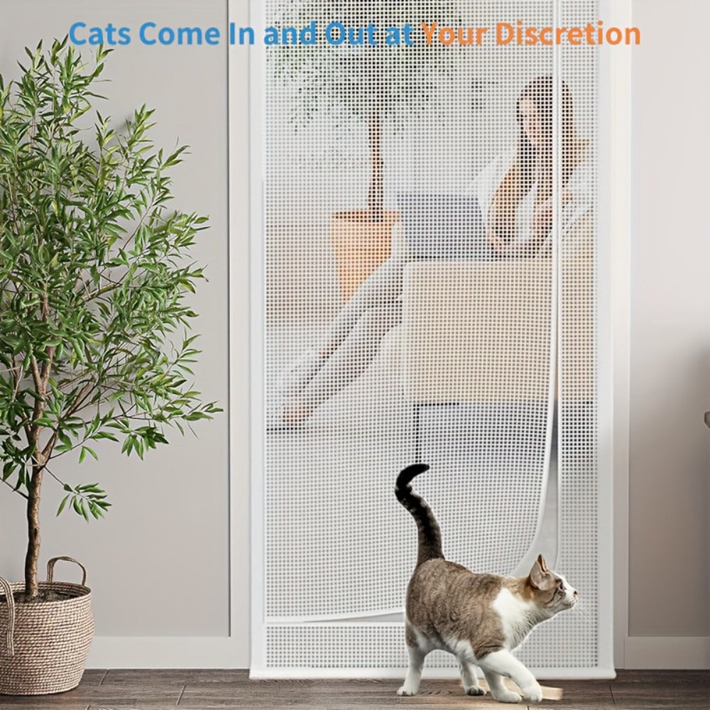 Cat Proof Door Curtain Pet Gate - Double Stitched Durable Scratch-Resistant Screen, Indoor Cat Barrier Door Cover for Doorways, Multiple Sizes, White & Black, Keep Cats In or Out of Rooms