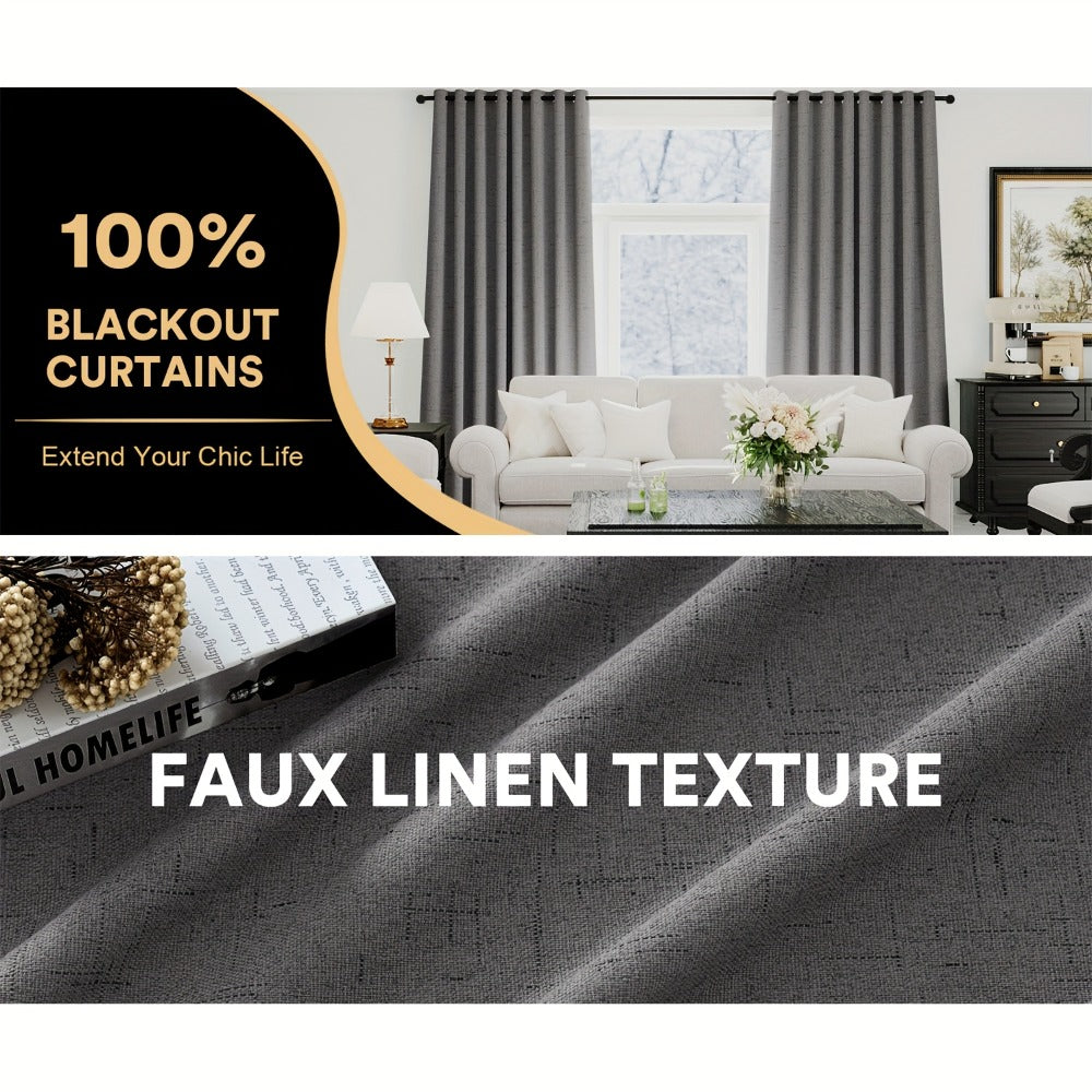 Blackout Curtains 2 Panels 100% Blackout Linen Textured Thermal Insulated Grommet Window Drapes Noise Reducing for Bedroom Living Room Hall - Full Light Blocking Room Darkening Curtains