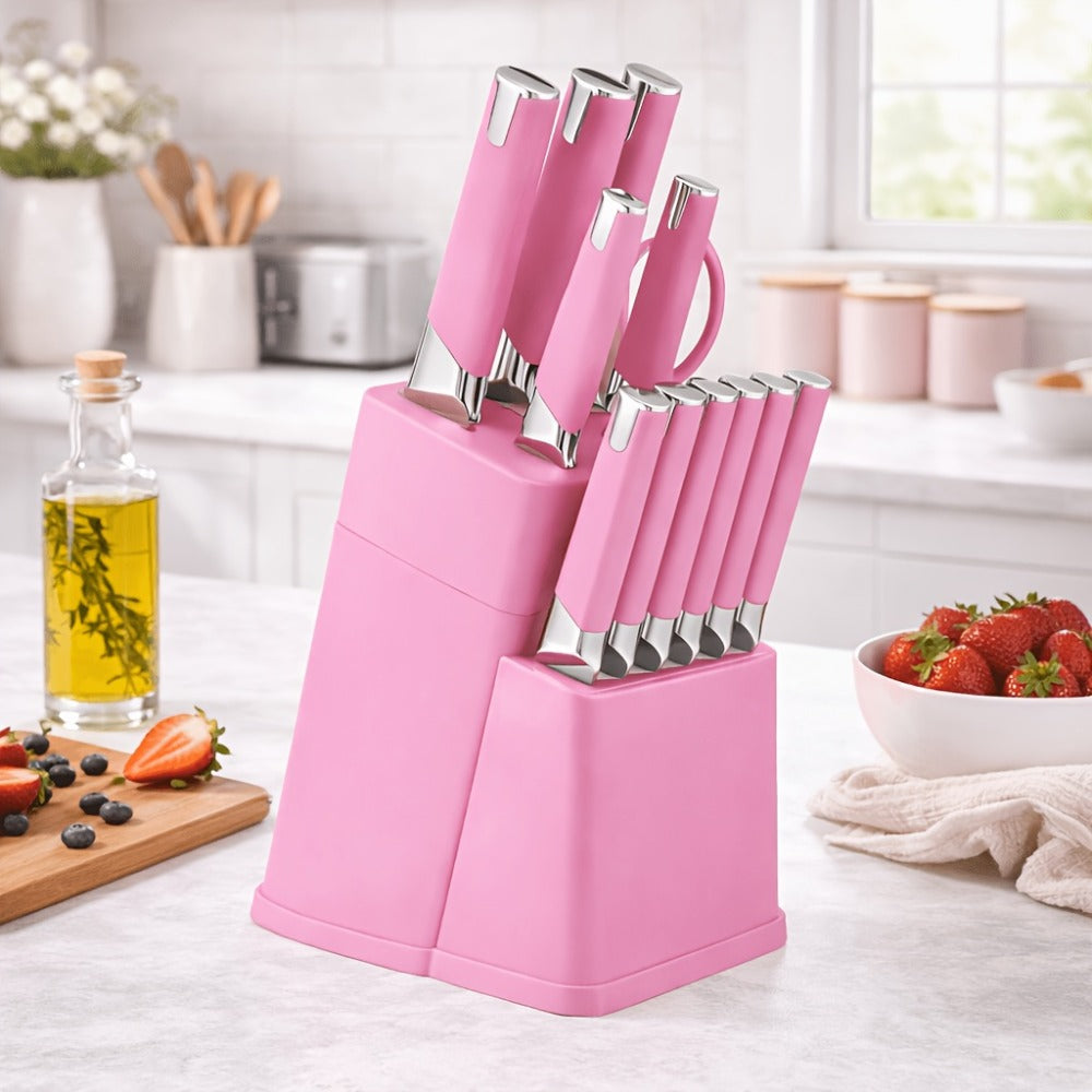 13-Piece Kitchen Knife Set with Block, Chef Bread Steak Knives Scissors Stainless Steel Colorful Cutlery Gift Set with Knife Holder