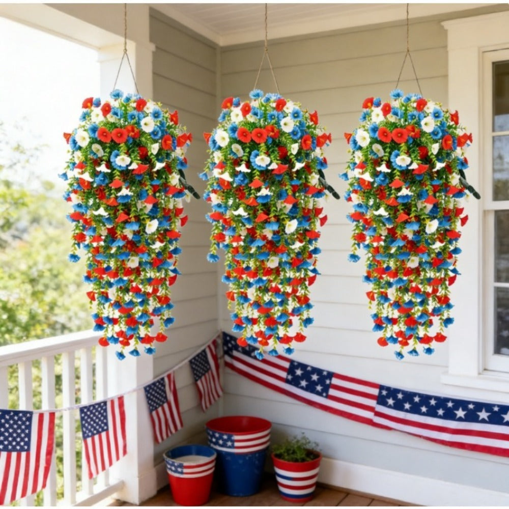 Artificial Hanging Morning Glory Flowers 6pcs - Red White Blue Fake Flower Vines for Home Garden Outdoor Indoor Decor, Independence Day Memorial Day Decoration, No Maintenance Plastic Blooms