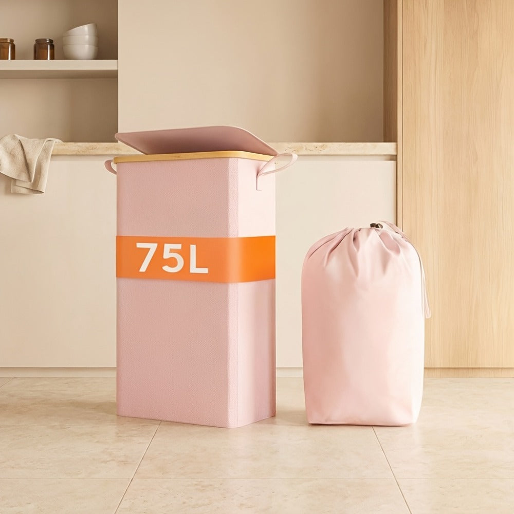 Slim Laundry Hamper with Lid & Removable Bag ¨C Foldable Narrow Clothes Basket with Bamboo Handles for Bathroom, Bedroom & Dorm ¨C 50L / 65L / 75L Space-Saving Collapsible Laundry Bin