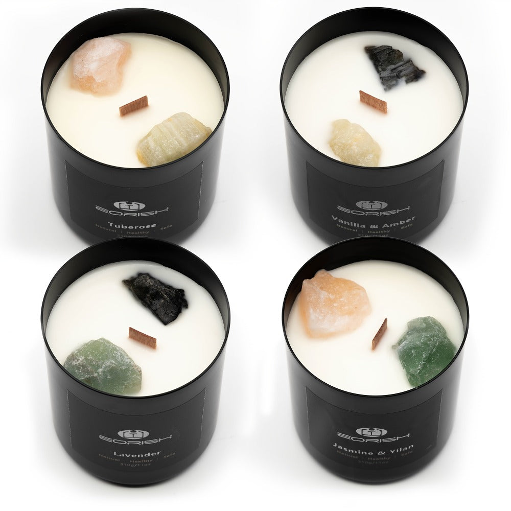 Scented Candle Gift Set 4 Candles 44oz with Crystal Stone Accents and 4 Heat-Resistant Coasters 70Hr Burn Lavender Jasmine Vanilla Amber Tuberose for Women Men Birthday Christmas Mothers Day Spa Gift