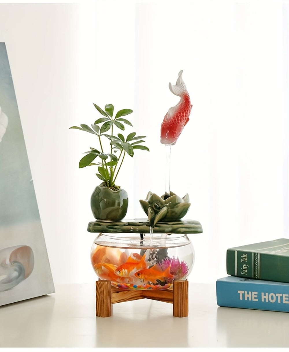 USB Desktop Fish Waterfall Fountain with Glass Bowl ¨C Relaxing Indoor Water Feature Tabletop Decor Zen Fountain Gift