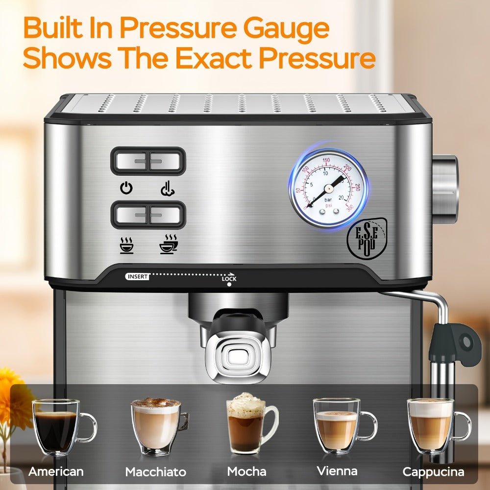 20 Bar Espresso Machine 950W ¨C Stainless Steel Espresso & Cappuccino Latte Maker with Steam Wand Milk Frother, 49.03oz Water Tank, ESE Pod Filter, Home Barista Coffee Machine ¨C Black, Pressure Gauge