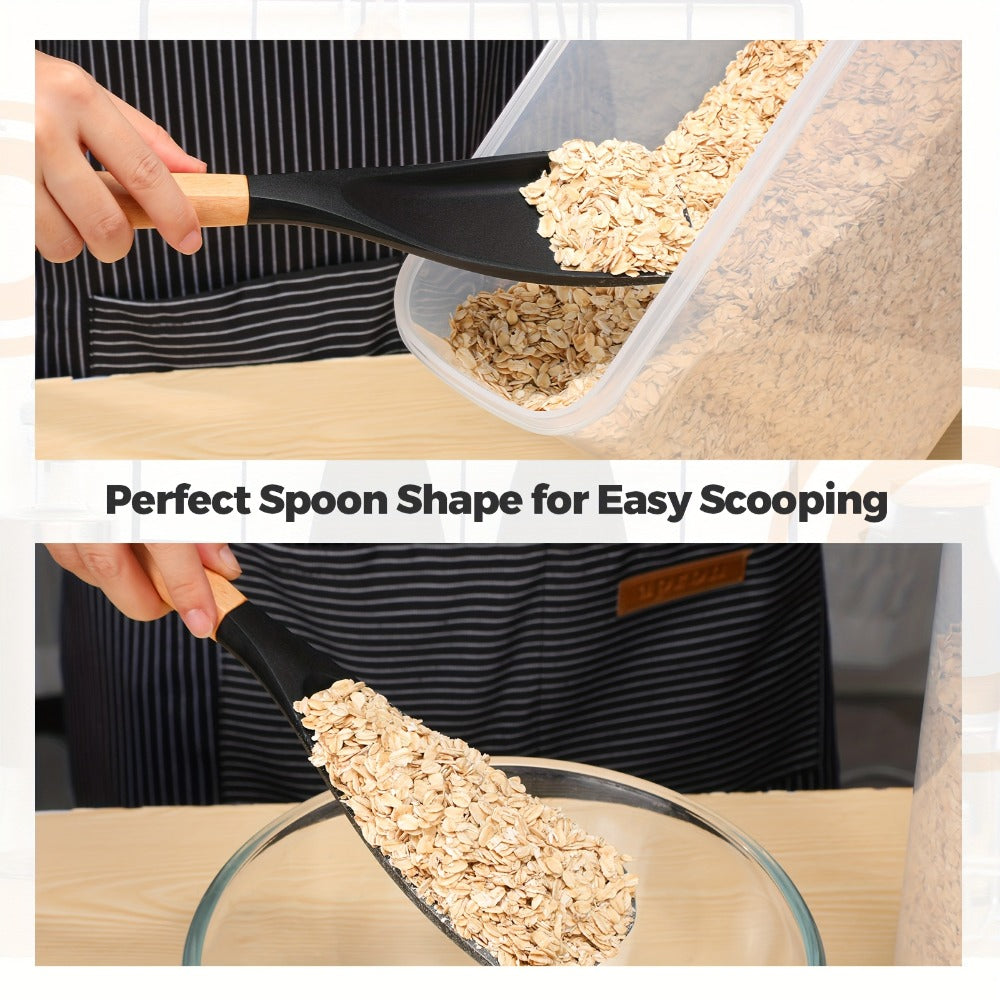 Silicone Cooking Spoon with Wooden Handle 12 Inch - Heat Resistant Nonstick Safe Kitchen Spoon for Cooking Serving Mixing Scraping, BPA Free Silicone Utensil, Black, 2 or 4 Pack