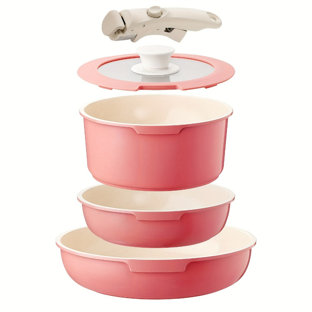 Nonstick Cookware Set 5-Piece Detachable Handle Aluminum Pots and Pans ¨C Space-Saving Stackable Induction Compatible | 8 & 10 Inch Frying Pan Soup Pot Universal Lid | White Pink Beige Coral Pink