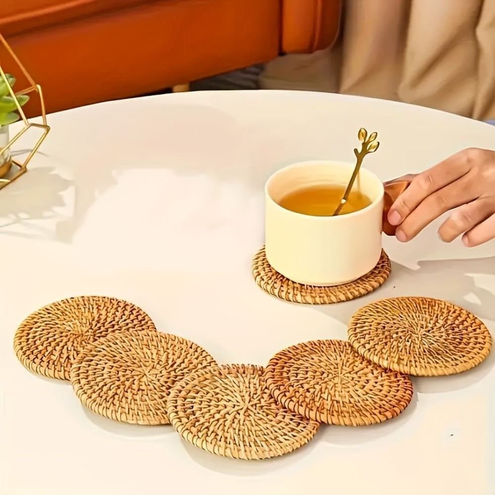 Rattan Woven Coasters Set of 6 Handcrafted Heat-Resistant Non-Slip Drink Mats Boho Table Decor for Kitchen Dining Room Coffee Table Tabletop Protection Holiday Gift