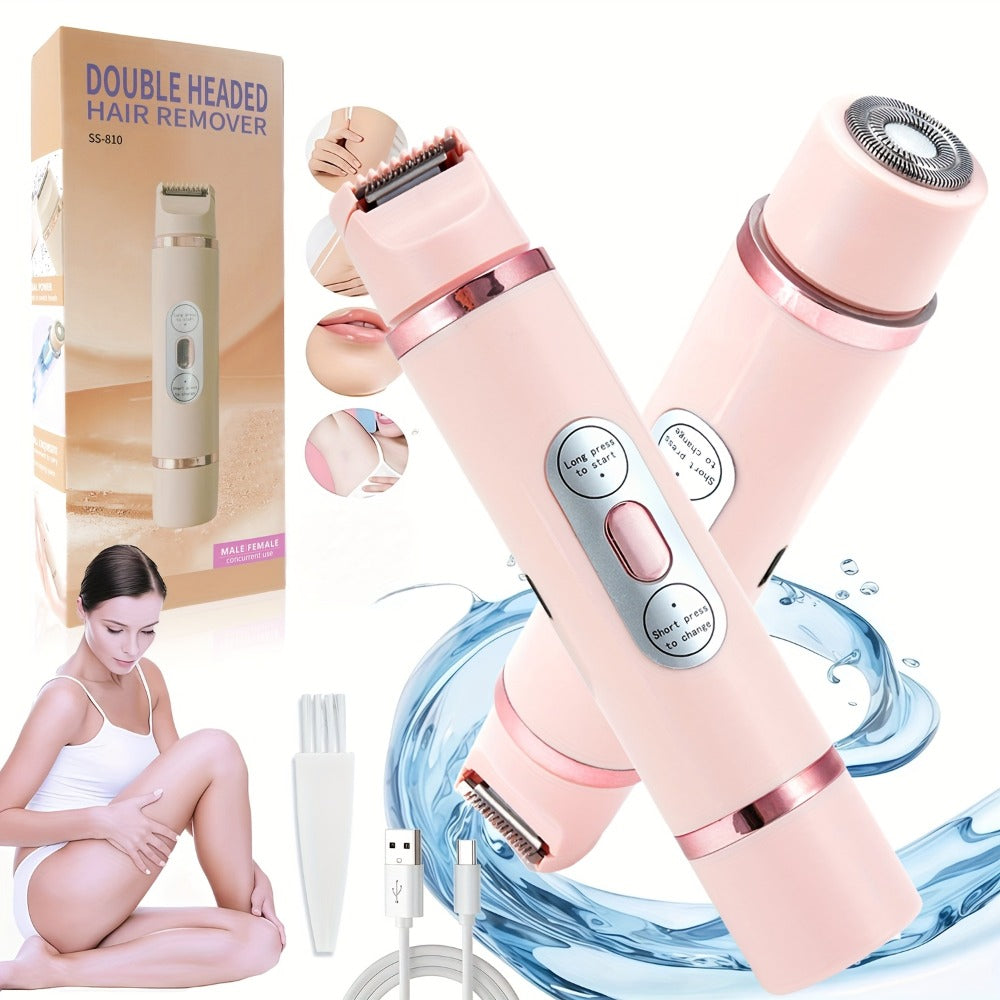 Electric Shaver for Women 2-in-1 USB Rechargeable - Wet & Dry Hair Removal for Bikini, Face, Legs, Underarms & Eyebrows, Portable Cordless Lady Shaver with Stainless Steel Blade, Pink