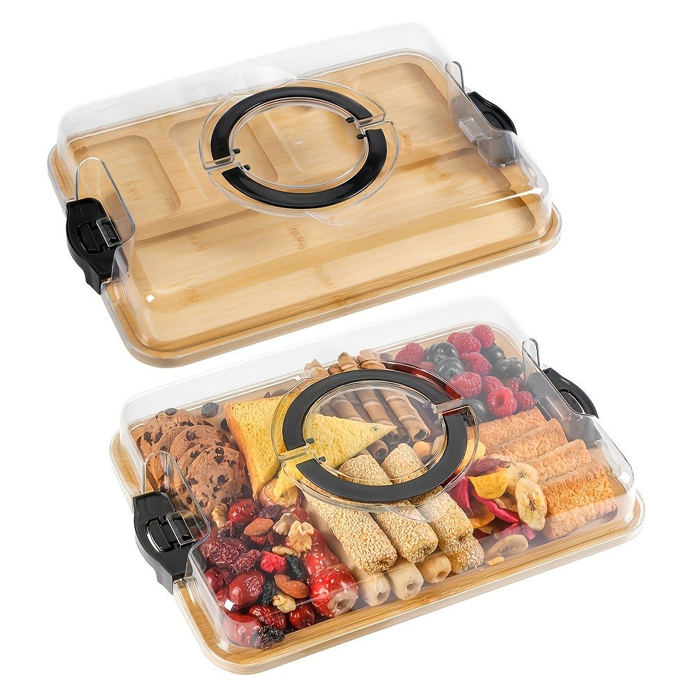Bamboo Charcuterie Board with Lid | 5-Compartment Divided Cheese Snack Tray with Handles Locking Lid Portable Serving Platter for Parties Picnics Camping Gifts