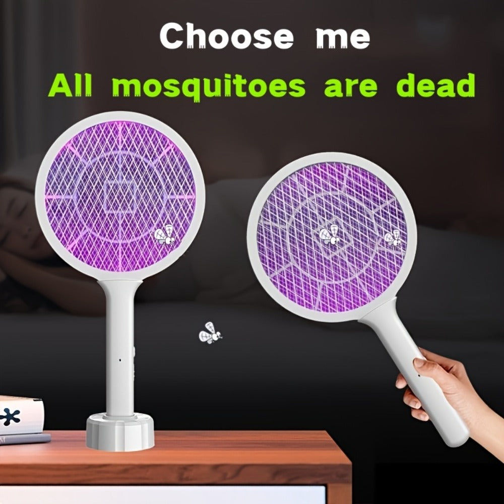 Electric Mosquito Swatter Racket Bug Zapper with LED Night Light & USB Charging, Handheld Insect Killer with Base Stand, Dual Mode Mosquito Lure Lamp for Home, Office & Outdoor Use