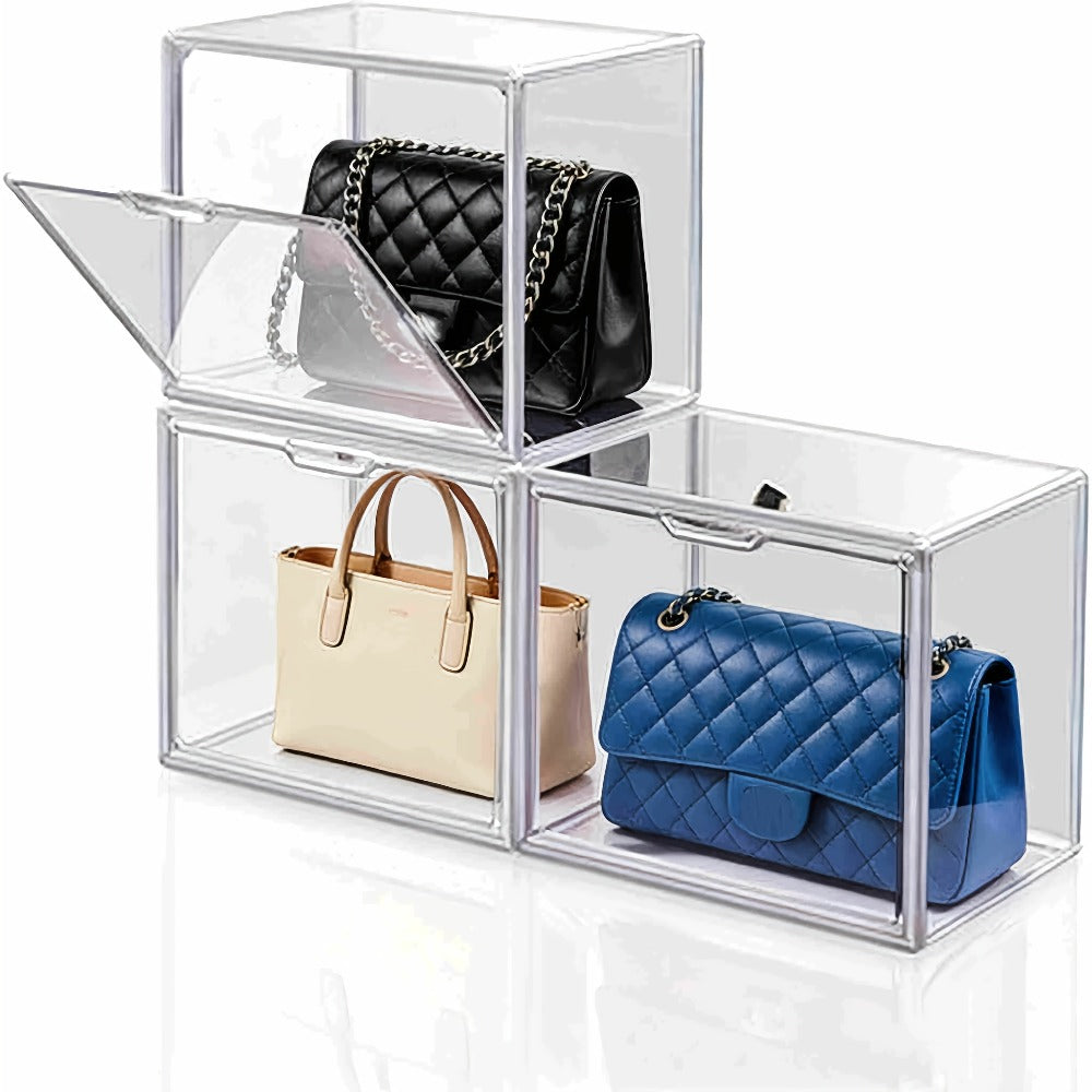 Clear Purse Organizer for Closet ¨C Transparent Acrylic Handbag Display Case with Magnetic Door, Dustproof Stackable Storage Box for Purses, Bags, Collectibles & Cosmetics, Set of 3