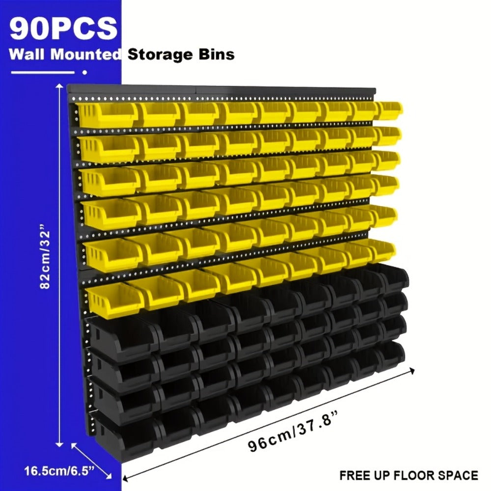 Wall Mounted Storage Bin Rack System ¨C Heavy Duty Small Parts Organizer for Screws, Nuts, Bolts & Nails | Stackable Garage Workshop Tool Storage Rack | 30/60/90 Bins Hardware Organizer