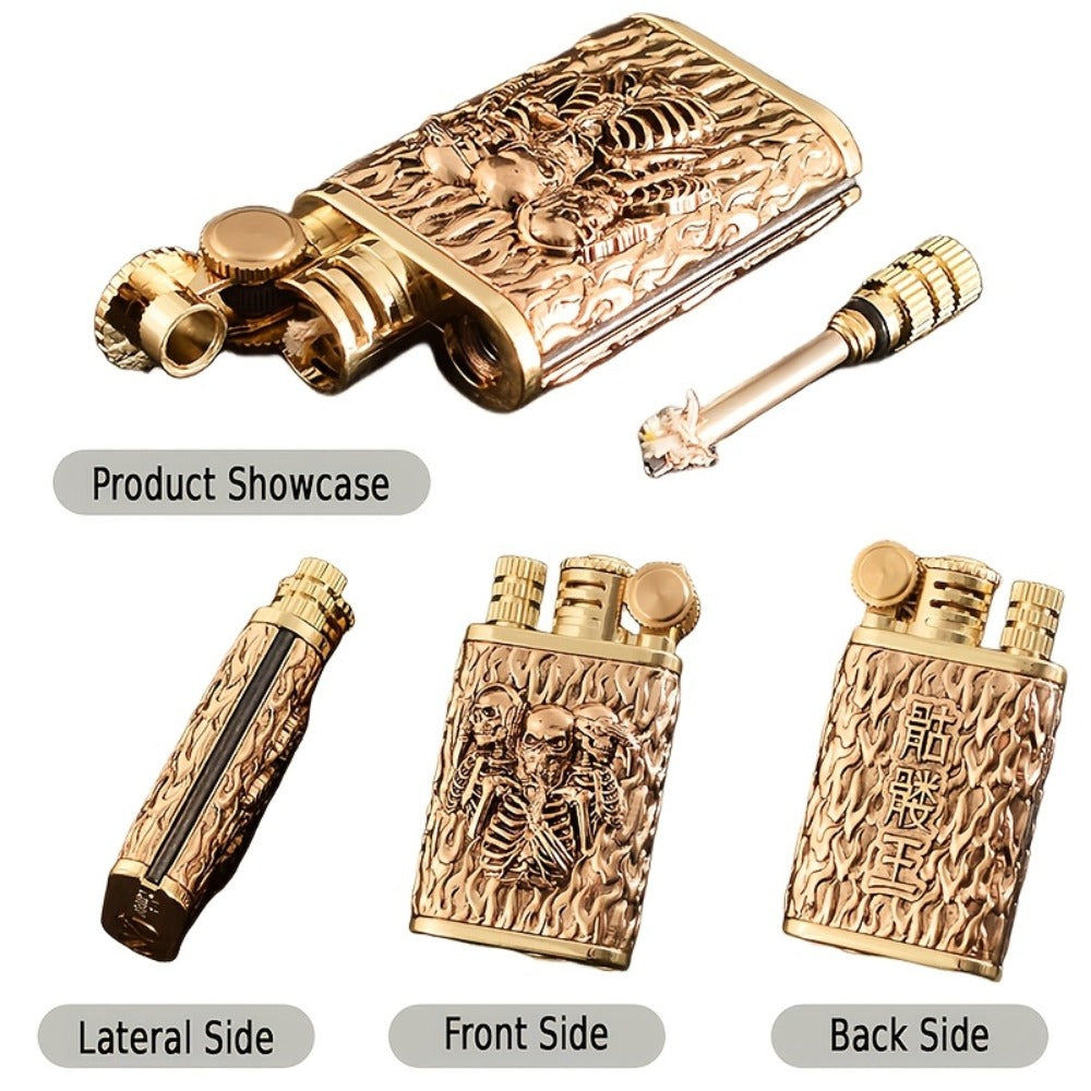 Kerosene Lighter 2-in-1 Permanent Match Flint Wheel Refillable ¨C Golden Windproof Pocket Lighter with Built-In Match Strike, Unique Gift for Men, Father¡¯s Day & Outdoor Use