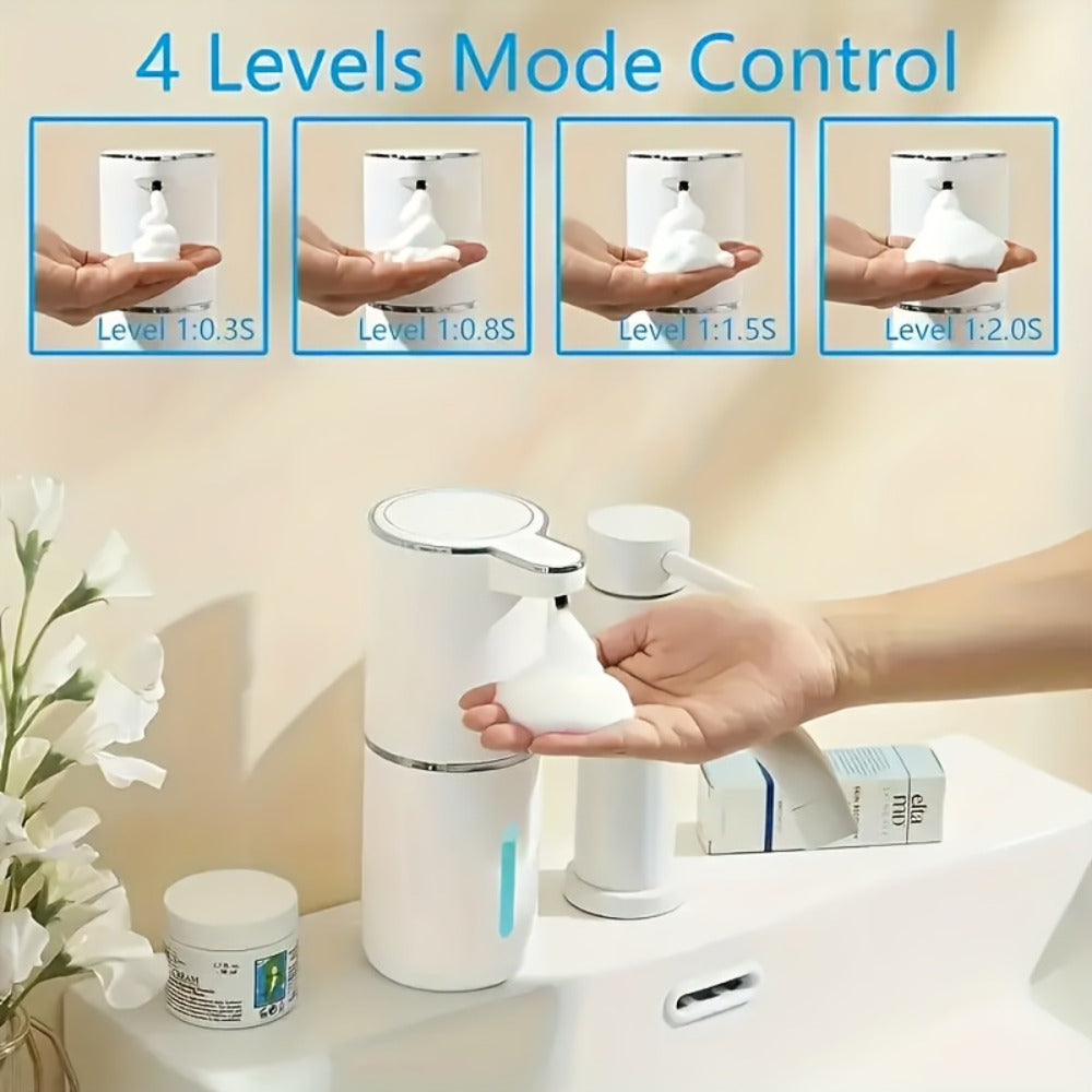 Automatic Foam Soap Dispenser Wall Mount Touchless 400ml USB Rechargeable IPX5 Waterproof 4 Adjustable Levels Sensor Soap Pump for Bathroom Kitchen Sink Office Hotel