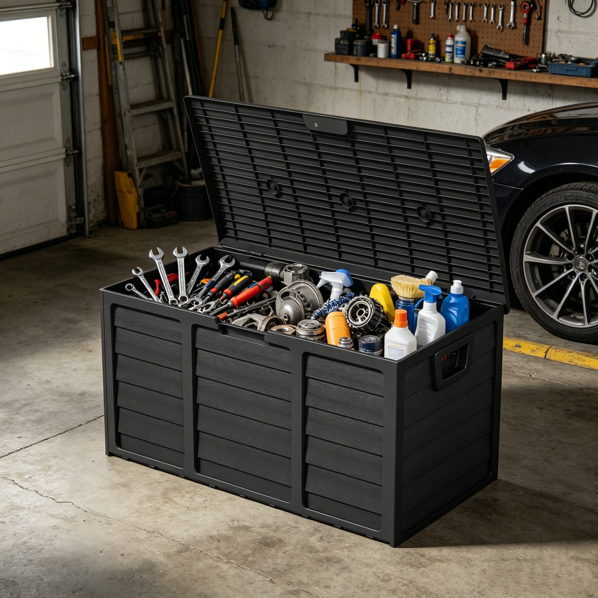 75 Gallon Outdoor Storage Box Deck Box with Handles | Large Waterproof Lockable Cabinet for Pool Accessories, Garden Tools & Camping Gear ¨C Easy Assembly Yard Storage Bin, Pure Black