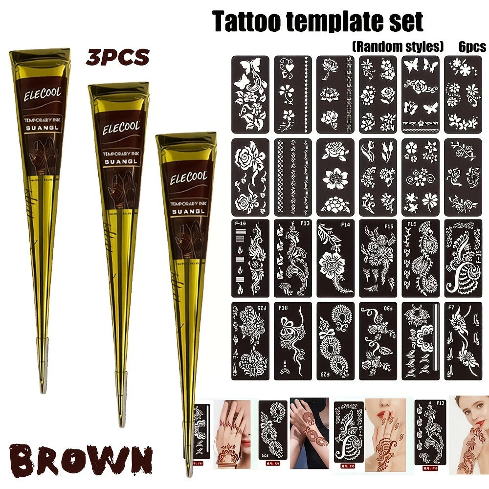 Temporary Semi-Permanent Tattoo Paste Kit - Waterproof Body Art Gel in Brown & Black with Tattoo Templates, Safe Non-Irritating Henna-Style Ink for Parties, Festivals, Cosplay & Daily Decoration