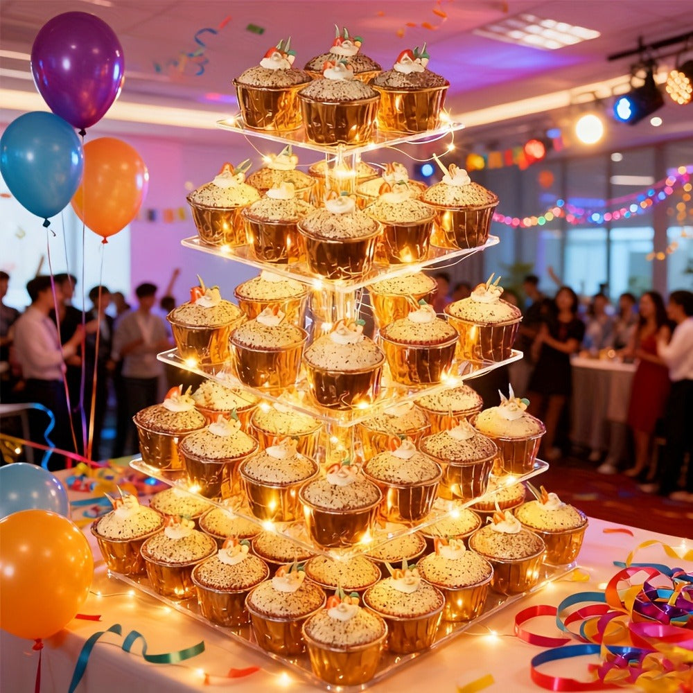 5-Tier Acrylic Cupcake Stand with LED String Lights ¨C Square Dessert Display Tower for 60 Cupcakes Birthday Wedding Baby Shower Tea Party Elegant Transparent Cake Display Rack Easy to Assemble