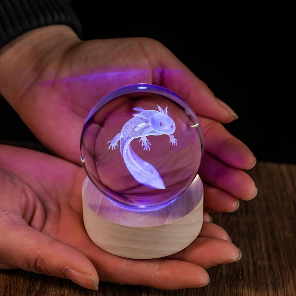 3D Axolotl Crystal Ball Night Light ¨C USB Powered LED Colorful Gradient Glow Orb Atmosphere Lamp with Bamboo Base, Amphibian Figurine Desk Light for Home Decor, Bedroom, Kids Room & Unique Gift (2.36in)